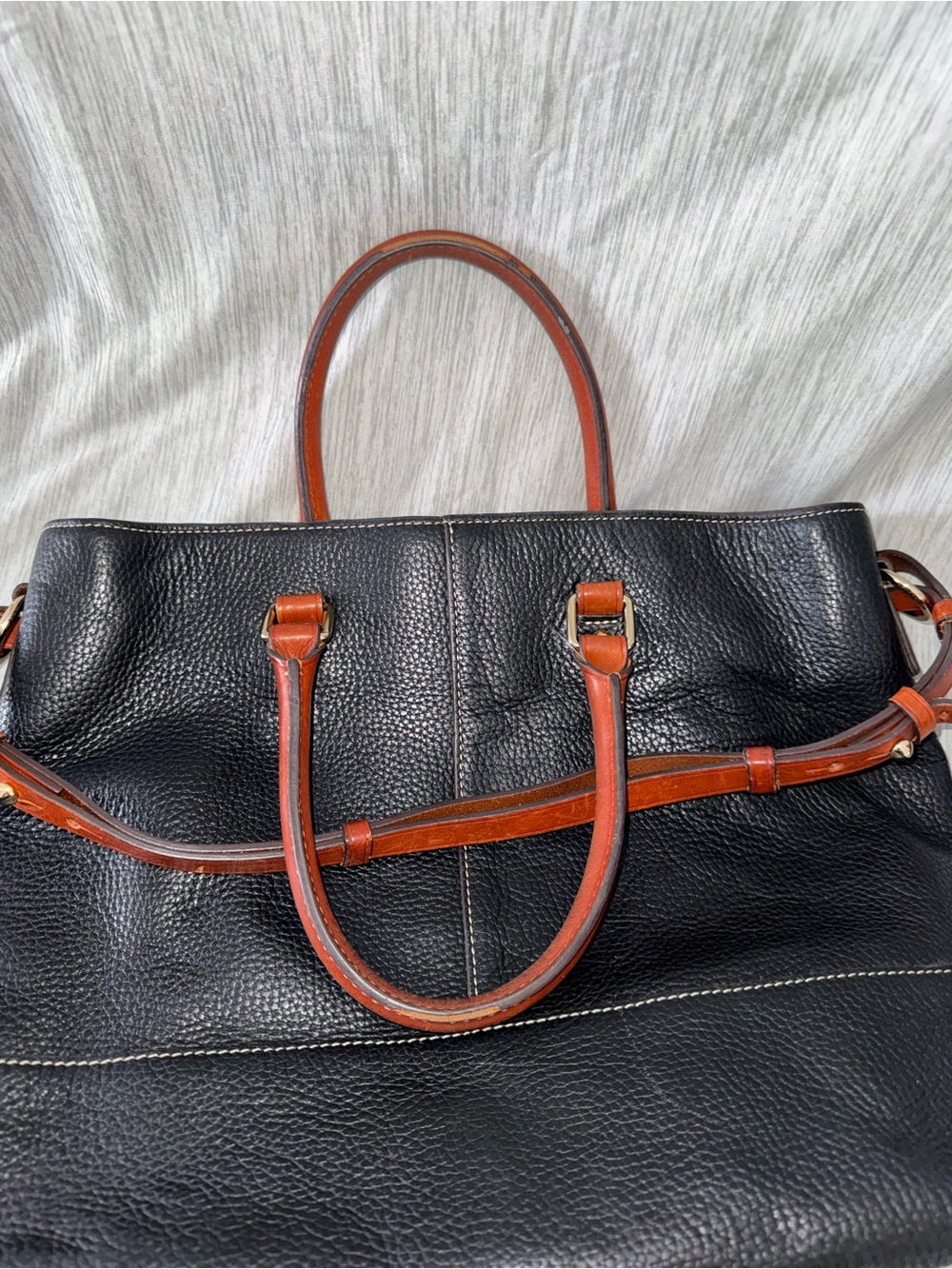 Dooney & Bourke Black Pebbled Leather Tote with Brown Trim and Strap - Picture 6 of 11